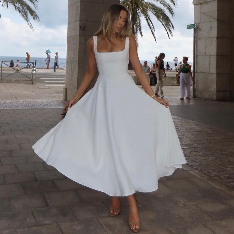 Export   spring and summer new arrival european and american women's clothing elegantpure color square collar sleeveless waist suspender dress