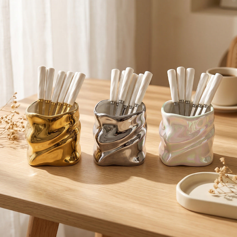 stainless steel creative twisted shape fruit fork set creative colorful ceramic storage jar wholesale