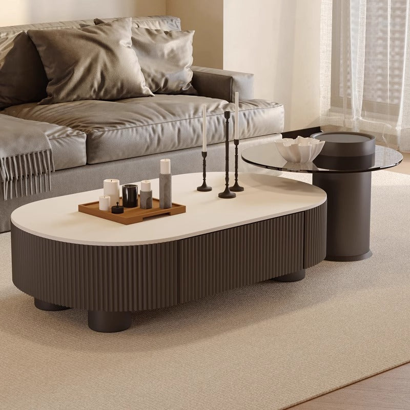 Cream oval rock slab coffee table - new living room design for small spaces, modern minimalist, high-end light luxury with storage