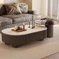 Cream oval rock slab coffee table - new living room design for small spaces, modern minimalist, high-end light luxury with storage
