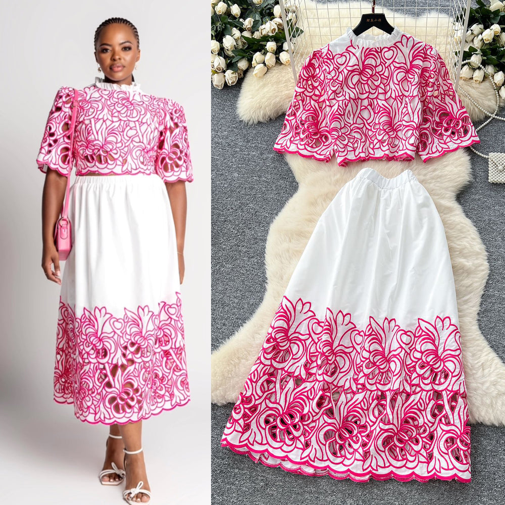French court retro hollow-out crochet cropped top + high-waisted flared midi skirt two-piece summer outfit - effortless chic