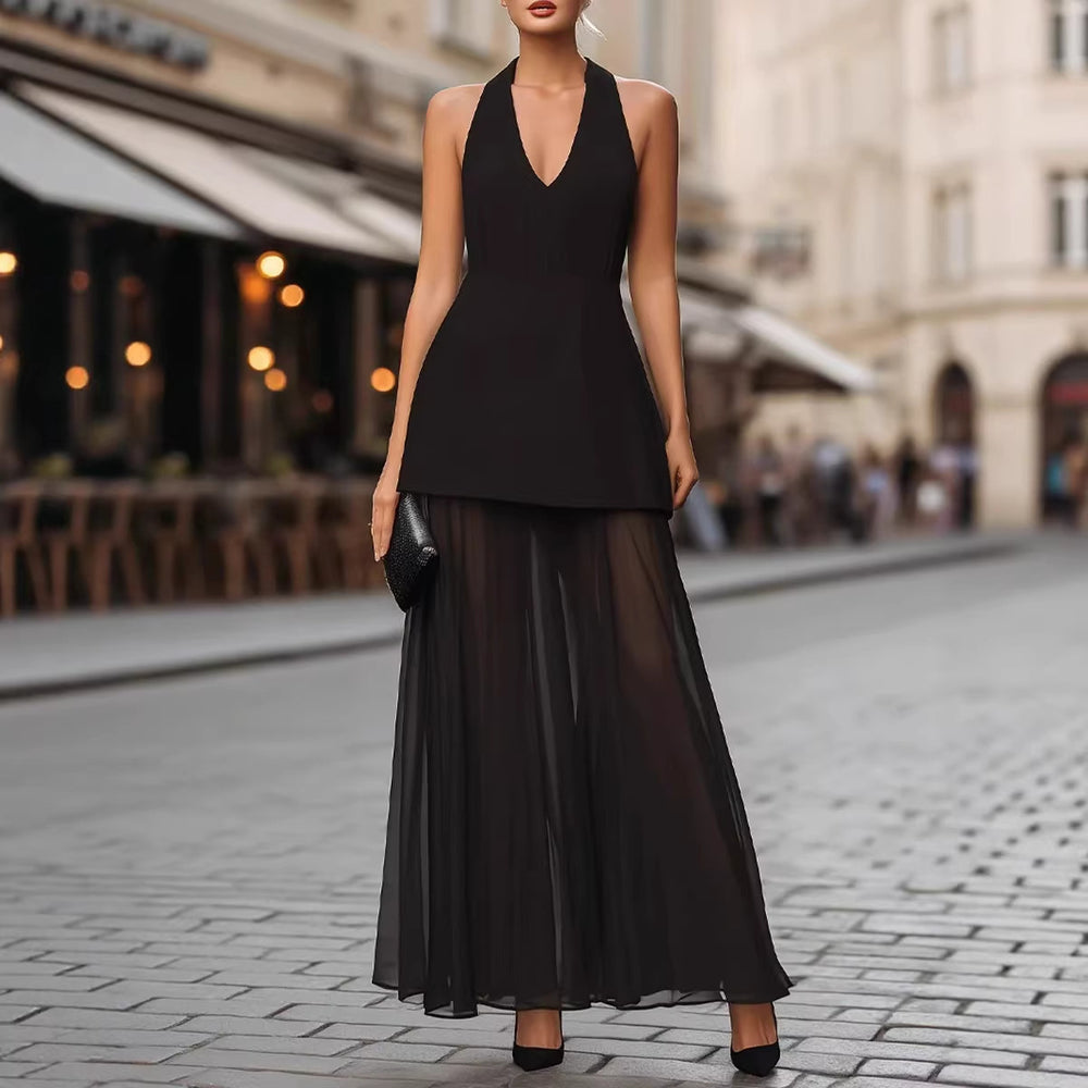 european and american cross-border women's fashion: chic v-neck sleeveless halter backless top with high-waisted mesh midi skirt set
