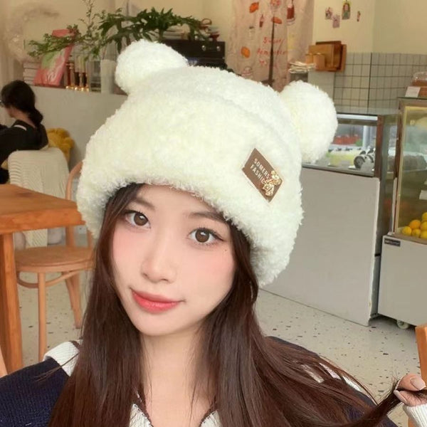 Fleece hat, female Korean version, thermal hat, ear protection, small wool hat, new autumn and winter cute bear plush hat