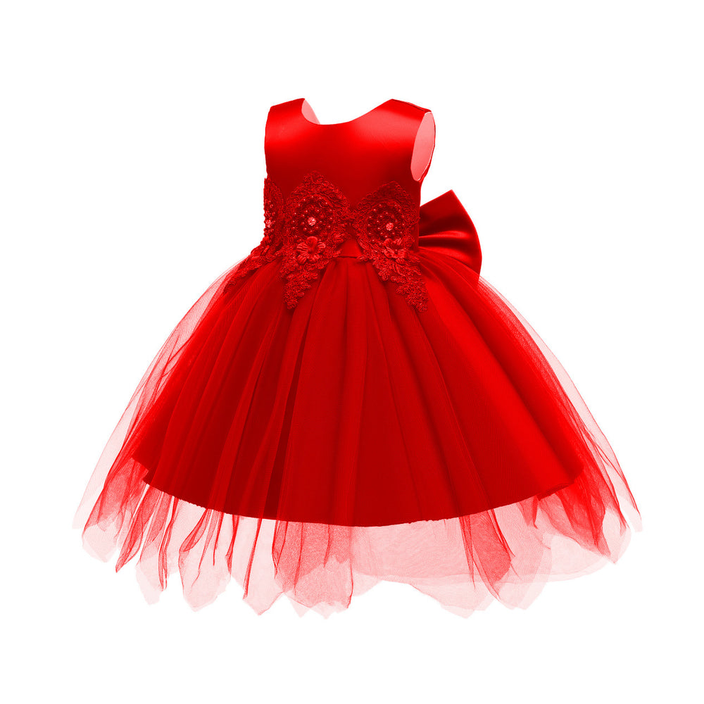 Wholesale foreign trade children's wear: embroidered princess dress for girls, asymmetrical mesh dress with large bow