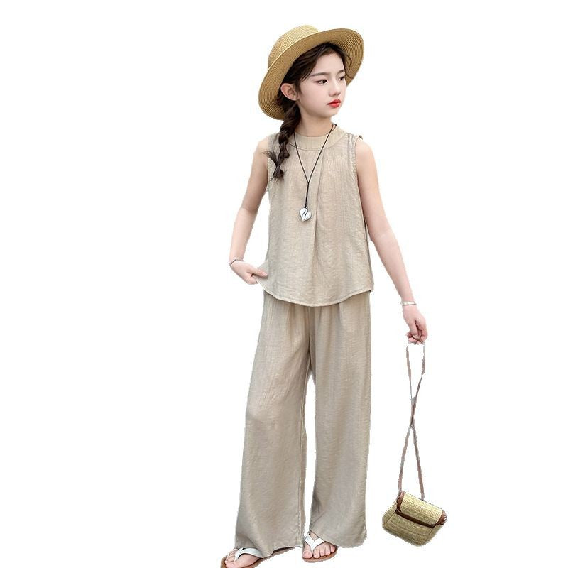 Girls' summer outfit: new  chinese style sleeveless top and wide-leg pants set - trendy two-piece casual set
