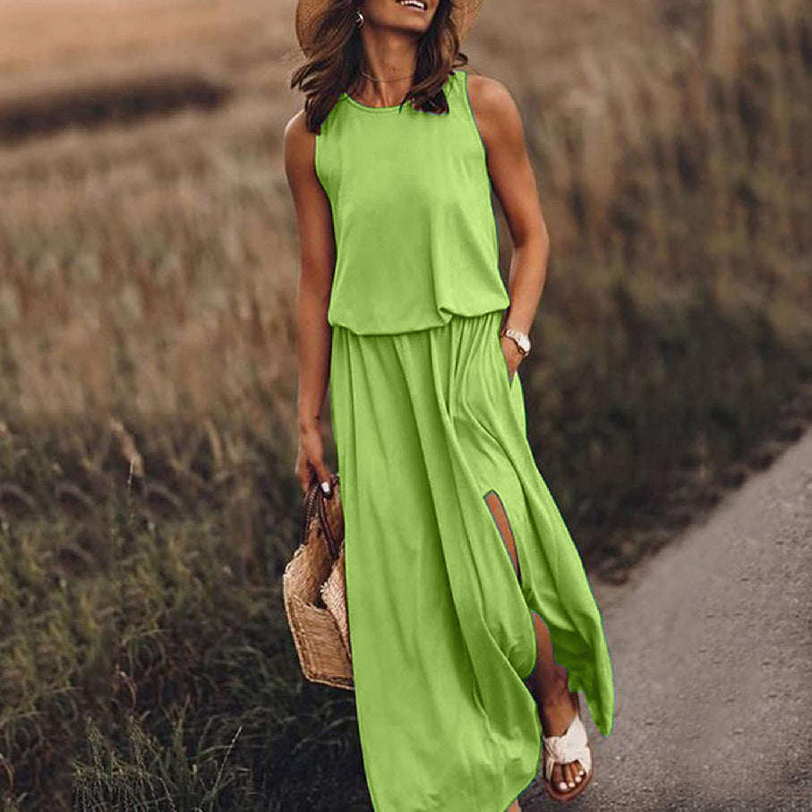 summer new arrivals: cross-border  fashion - european & american style women's sleeveless crew neck dress with slit, available in multiple solid colors