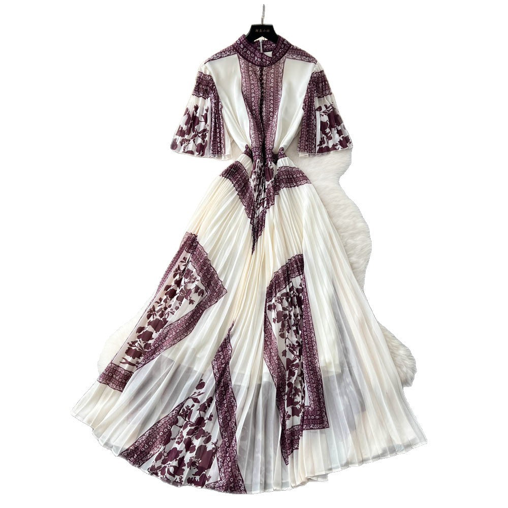 French court style printed dress - women's summer pleated stand collar slimming design, exquisite and stunning maxi dress