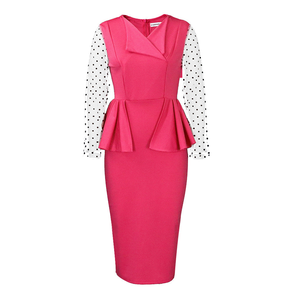 D283 cross-border supply  new temperament commuter mesh splicing v-neck ruffle pencil skirt european and american dress