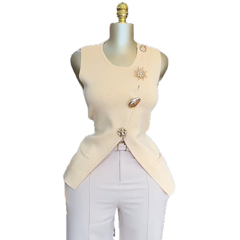 European and american cross-border women's fashion:  autumn new arrival - elegant solid color round neck sleeveless design slim-fit vest top
