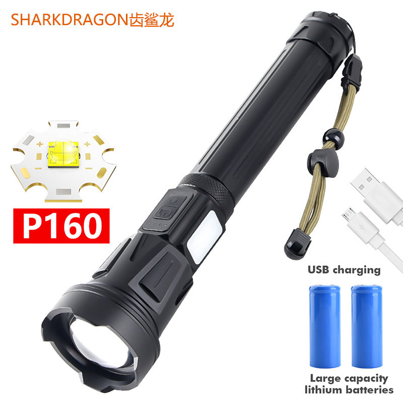 Cross-border new XHP160 + COB strong light flashlight Type-C rechargeable zoom long-range outdoor LED flashlight