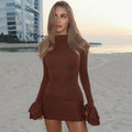 Fashion style cross-border pure color women's short casual bell sleeve hip skirt high collar silmslimming look street dress