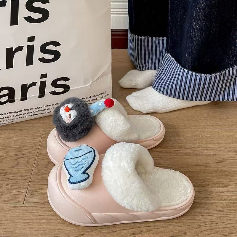 2025 winter new cartoon penguin & fish cotton slippers - thickened, warm, platform sole, detachable cotton slippers for women - wholesale