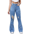 Fashionjeans women's high waist heart raw edge ripped slightly flared pants silm wide leg flared denim pants export