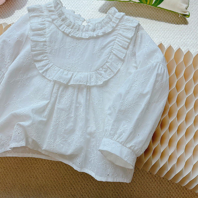 Girls' autumn collection : new pure cotton long-sleeve doll shirt, stylish and sweet blouse, white spring/autumn trend