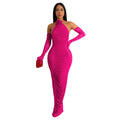 X6379   fashion women's solid color long gloves hollow lace long dress