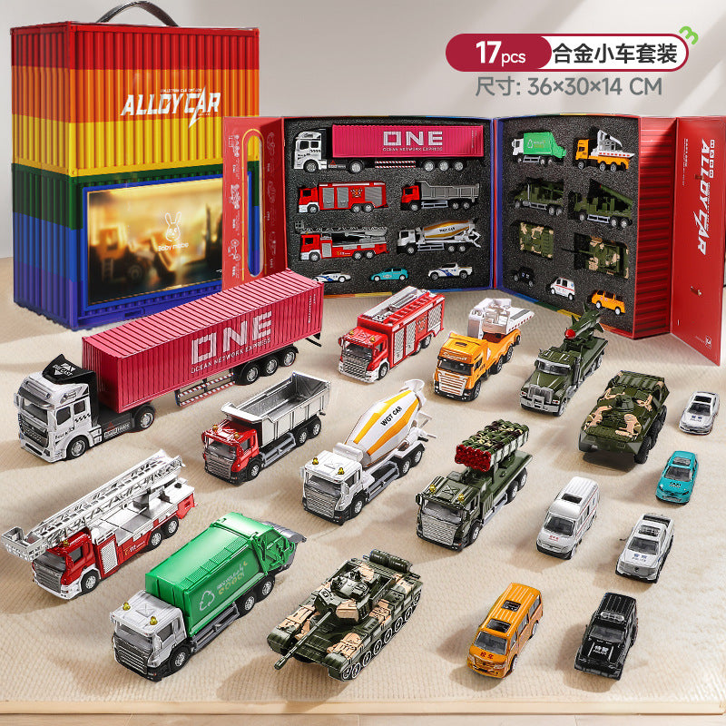 Alloy big truck kids toy set - construction, ambulance, police car, military tank & car - new year edition