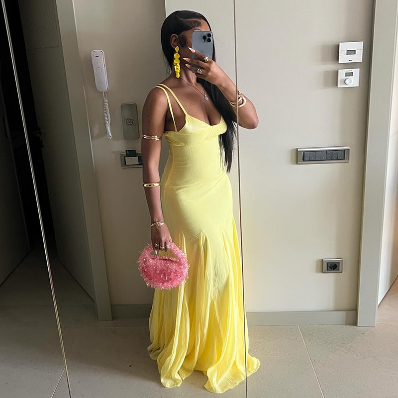 European and american women's clothing  autumn new sweet and fresh spaghetti strap v-neck high-waisted slimming a-line maxi dress