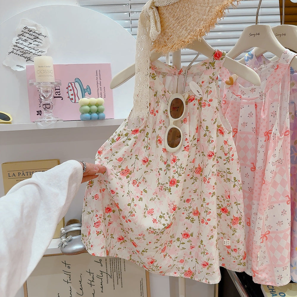 new girls' summer floral sleeveless princess dress - sweet & cute style, round neck cotton gauze dress