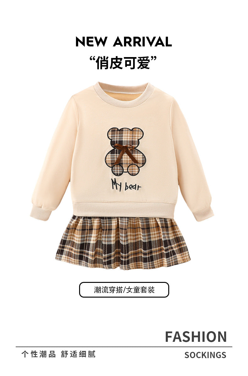 Autumn cross-border girls' sweatshirt - teddy bear, plaid, bow, crew neck, long sleeve top - kids' pullover