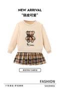 Autumn cross-border girls' sweatshirt - teddy bear, plaid, bow, crew neck, long sleeve top - kids' pullover