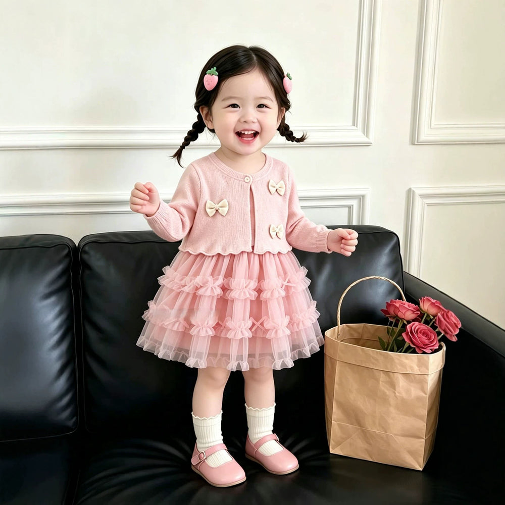 Sweet bowknot girls' dress - new mesh collection for autumn  - sweet mesh princess dress for baby girls