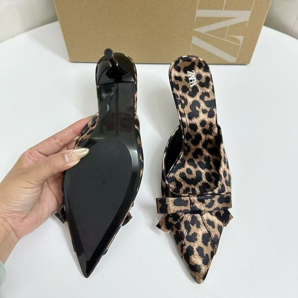 Za's 2025 new women's leopard print mules: summer outdoor wear, bow accent, pointed toe, stiletto heel, high heel mules