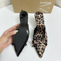 Za's 2025 new women's leopard print mules: summer outdoor wear, bow accent, pointed toe, stiletto heel, high heel mules