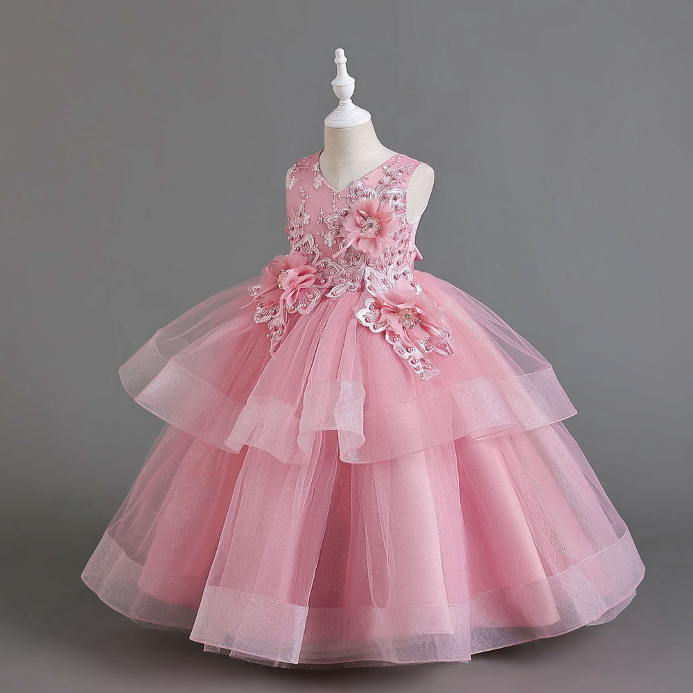 Export long skirt kids dress pearl flower wedding dress princess dress female flower girl birthday dress girl dress