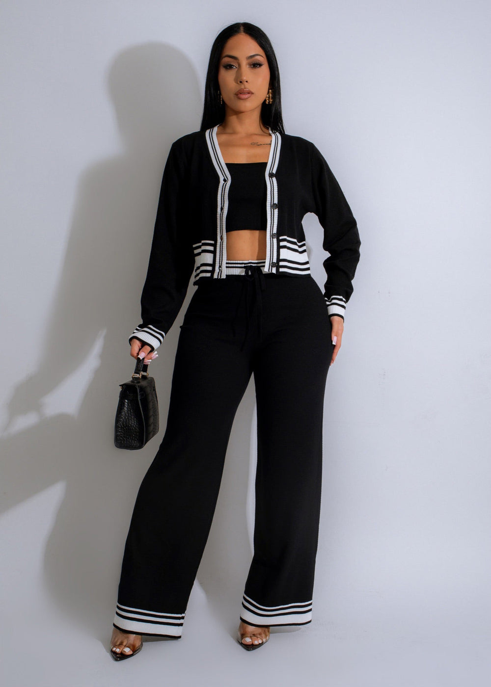 e-commerce source factory: new autumn/winter european and american style women's striped cardigan knit casual three-piece set