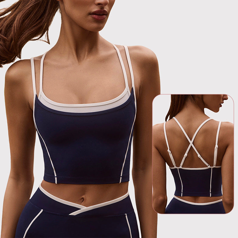 Fitness tops sling sexy spaghetti strap contrast colorfake two-piece halter sports intimates bra vest yoga clothes for women