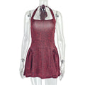 European and american style ins foreign trade simple women's pleated printed a-line dress halter backless short dress party gown