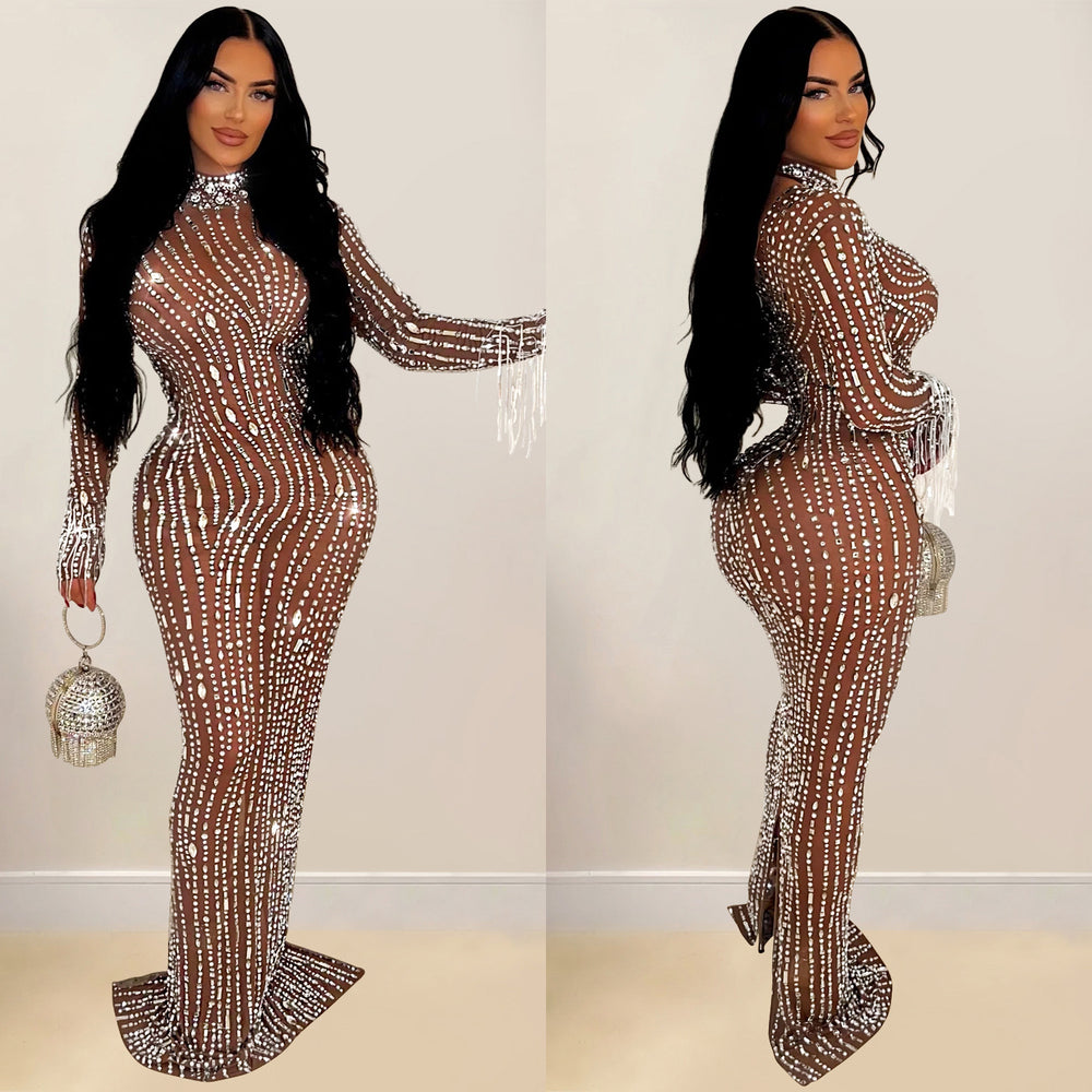 C6919 cross-border   independent station fashion women's solid color mesh rhinestone dress