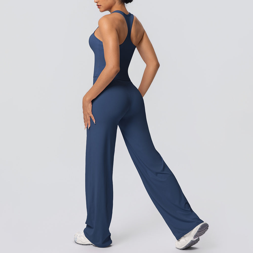 fashion brushed pure color tight i-shaped back sports suit running fitness yoga wear wide-leg two-piece set