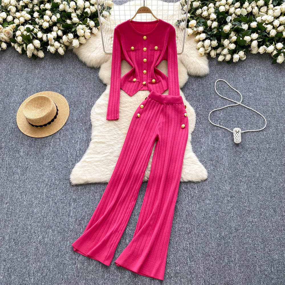Classy small fragrant metal buckle round neck silmeasiest for matchlong sleevesknitting shirt women's high waistcasual pantstwo-piece set