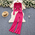 Classy small fragrant metal buckle round neck silmeasiest for matchlong sleevesknitting shirt women's high waistcasual pantstwo-piece set