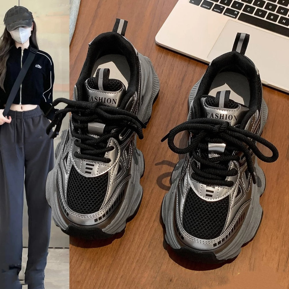 Black chunky platform sneakers for women - autumn/winter 2026 spring new arrivals - height increasing casual athletic shoes for petite women - soft sole women's shoes