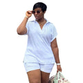 European and american style women's clothing  autumn new collection: sweet and fresh v-neck batwing sleeve t-shirt and high-waisted straight-leg shorts two-piece set