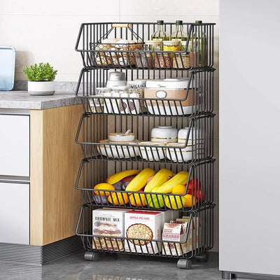 Kitchen basket storage rack, freestanding multi-tier fruit and vegetable organizer, multi-functional oven and microwave rack, pot and pan shelf