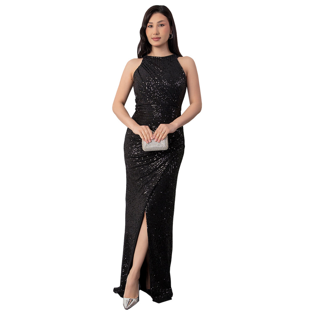 C7356 cross-border   fashion women's sequin textured slit evening gown dress
