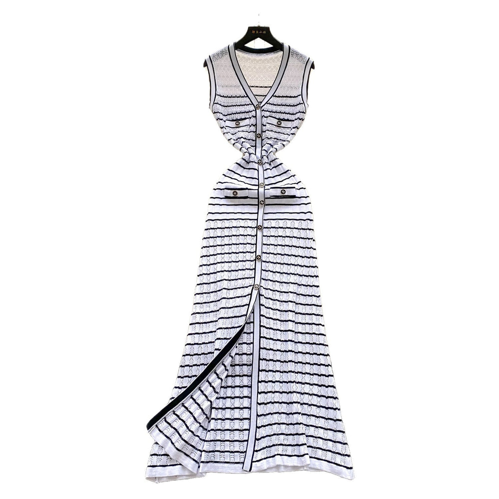 High-end color block striped knit dress - chic, slim-fit, sleeveless maxi dress with a flattering cinched waist