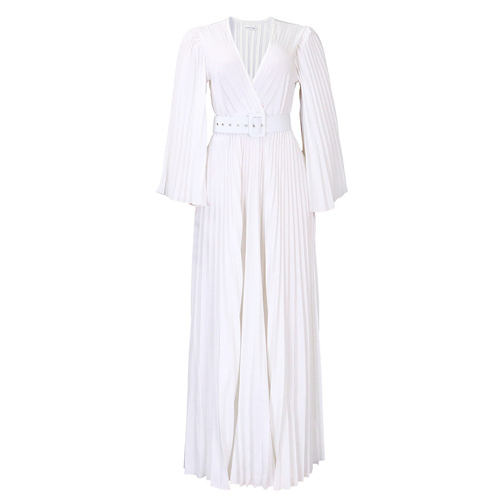 C8478 european and american women's clothing   new v-neck sexy pleated maxi dress cross-border dress