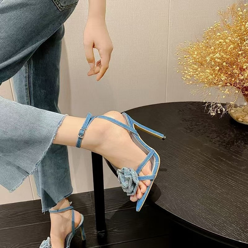 European and american new one-strap rhinestone rose flower high heel sandals, french sexy pointed toe stiletto heel women's shoes