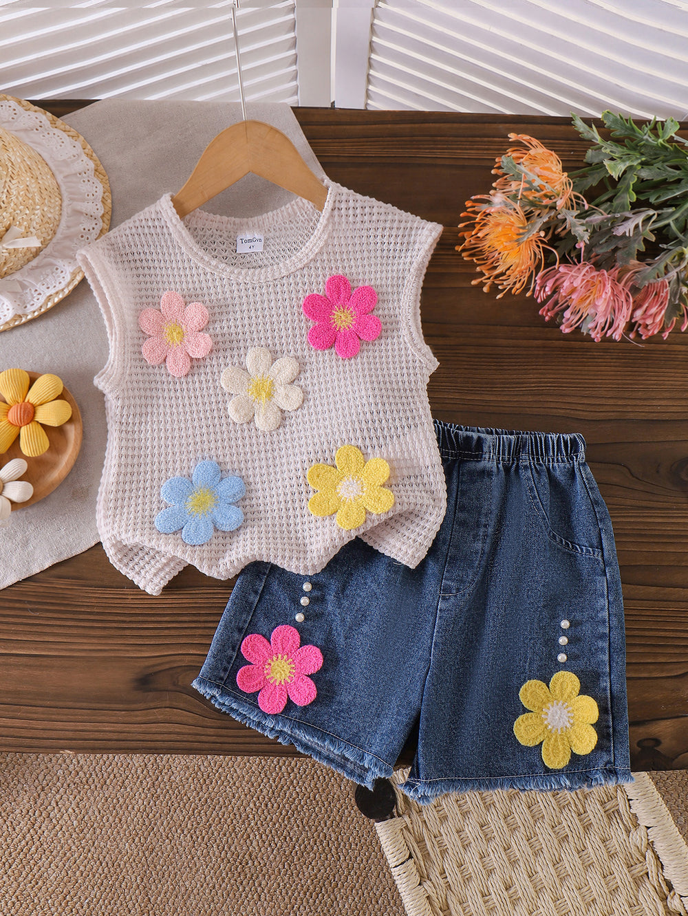 Baby clothing kids set children outfit apricot vest + blue shorts