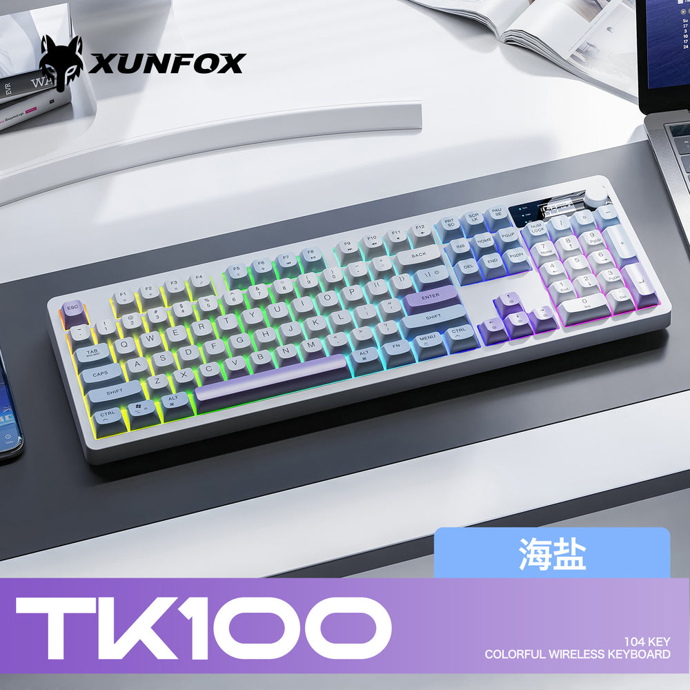 Dazzling silver fox tk100 wireless bluetooth dual-mode mechanical feel keyboard with pbt keycaps, display, and rotary encoder