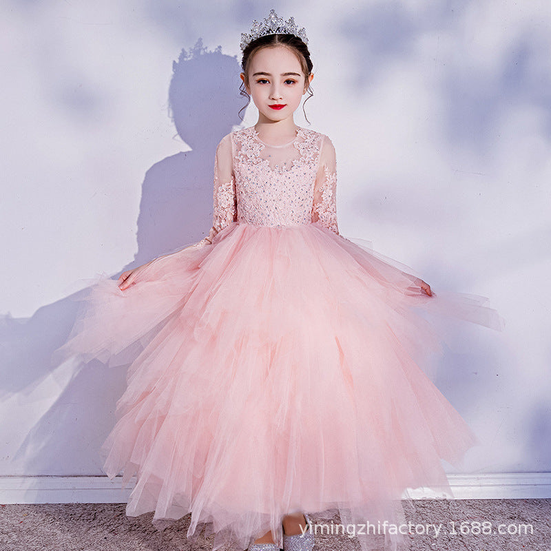 Customized children's formal dress for export, new lace three-quarter sleeve girl dresses, girls' princess cake dress