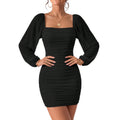 fashionnew arrival square neck pleated hip-hugging dress bubble long sleeves silmslimming look hot girl style short skirt