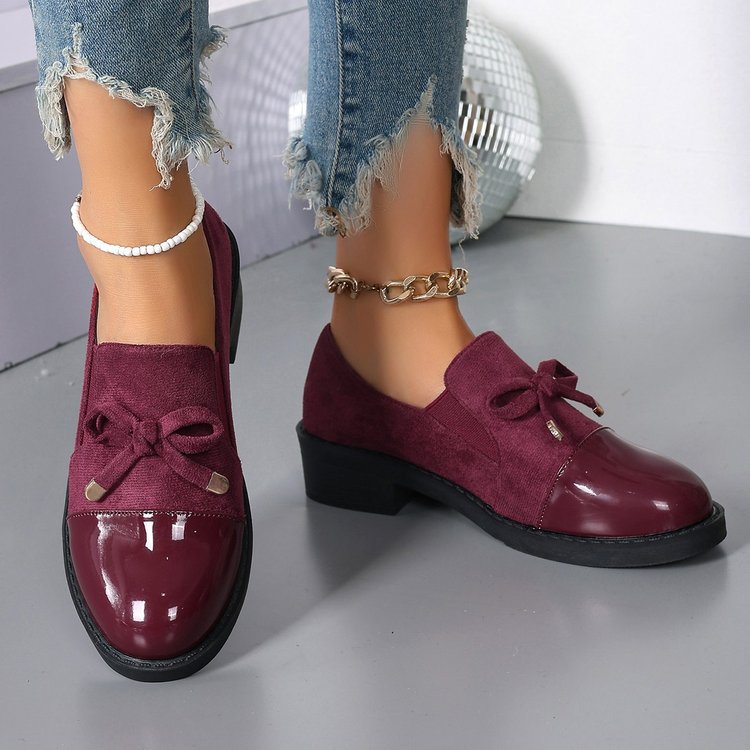 slip-on loafers women's autumn bow chunky heel plus size single shoes 43 red