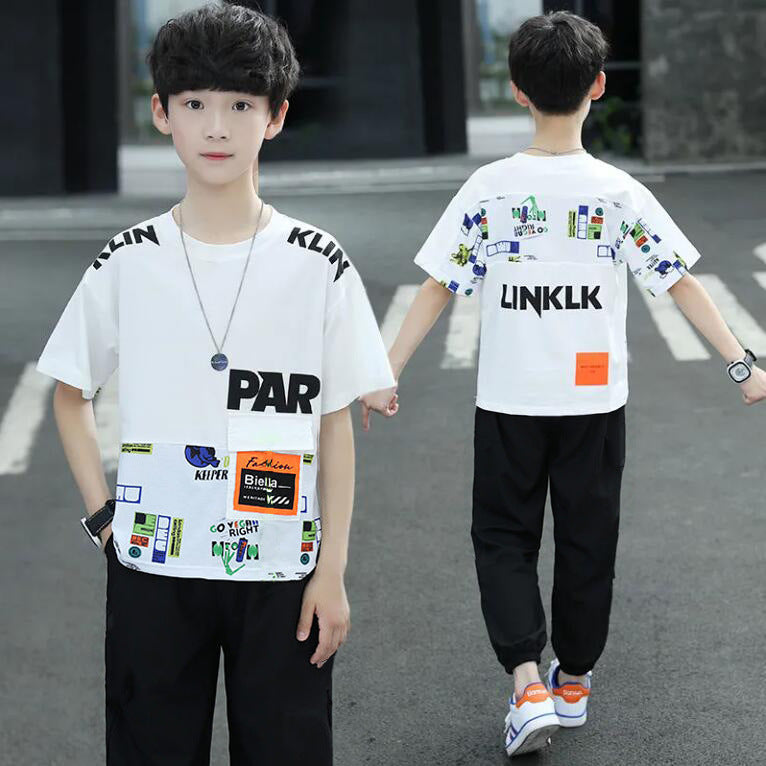Boys' summer outfit set:  new styles for older boys - stylish, sporty, short-sleeved korean fashion