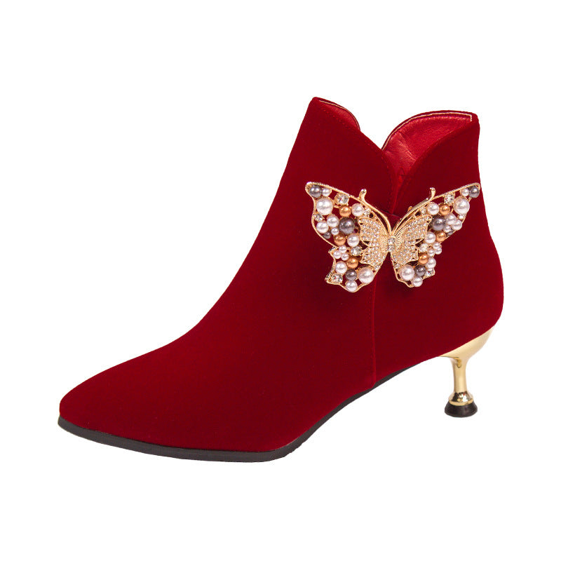 2024fall and winteroutwearfashionboots women's pointed toe thin heel xiuhu red bridal shoes pearl suede short boots