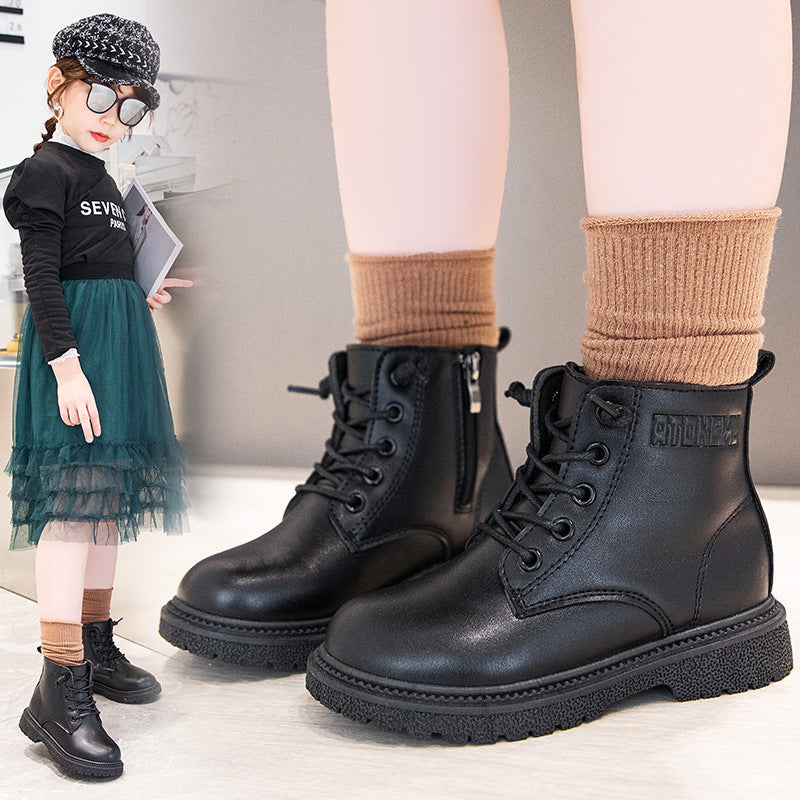 Boys boots velvet leather surface warm British style low-top leather boots winter girls side zipper soft bottom classmate